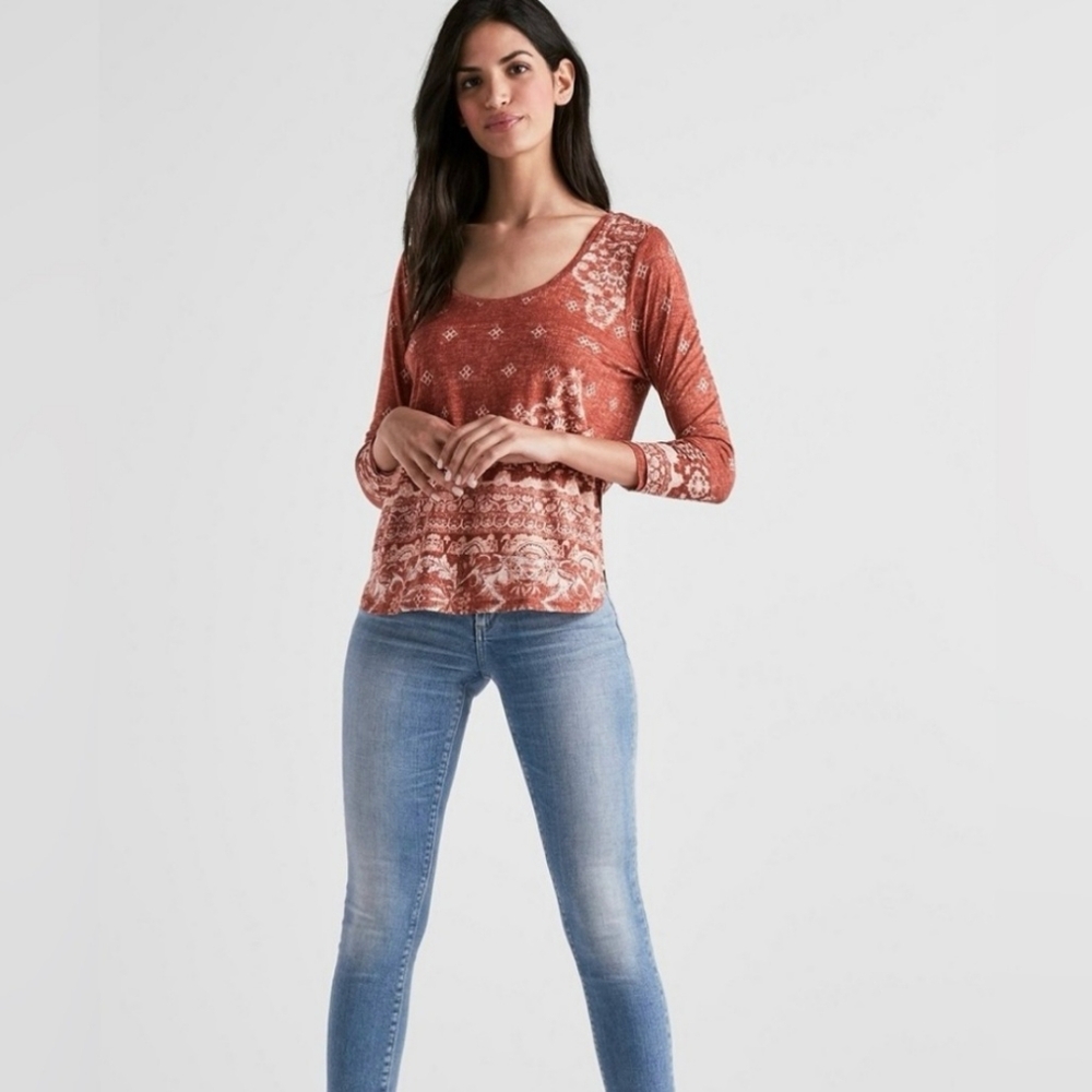Lucky Brand Burnt Orange & White Floral Tribal Boho Print 3/4 Sleeve Shirt Small